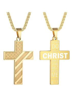 Gold American Flag Christ Cross Necklace Men Stainless Steel Box Chain 22 inch